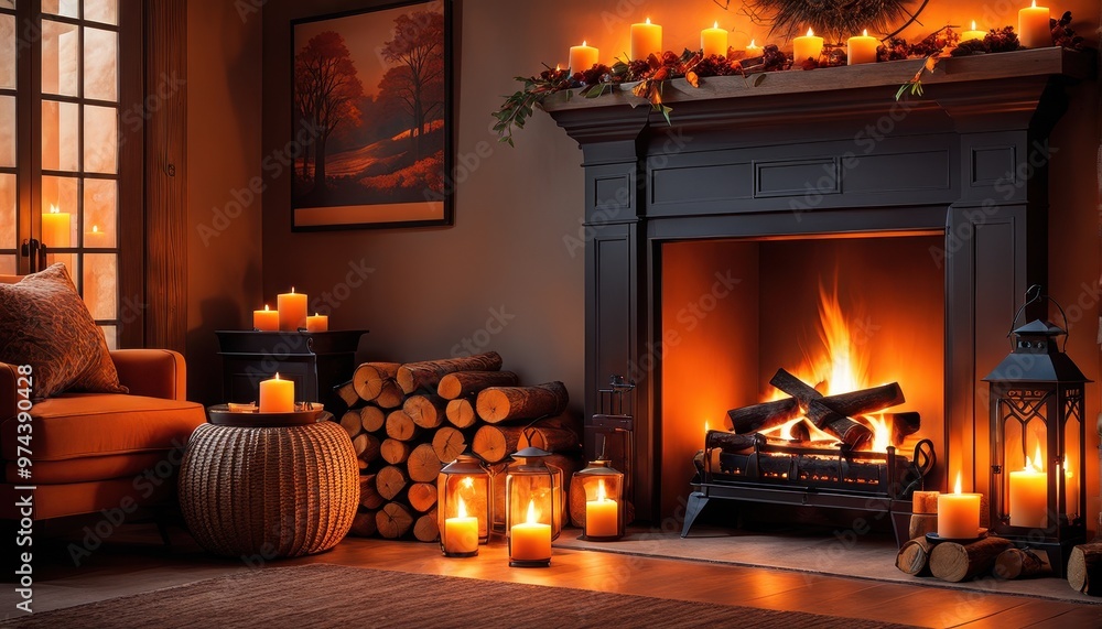 A cozy living room with a fireplace, candles, and logs, creating a warm and inviting atmosphere. A cozy living room with a fireplace, candles, and logs, creating a warm and inviting atmosphere.