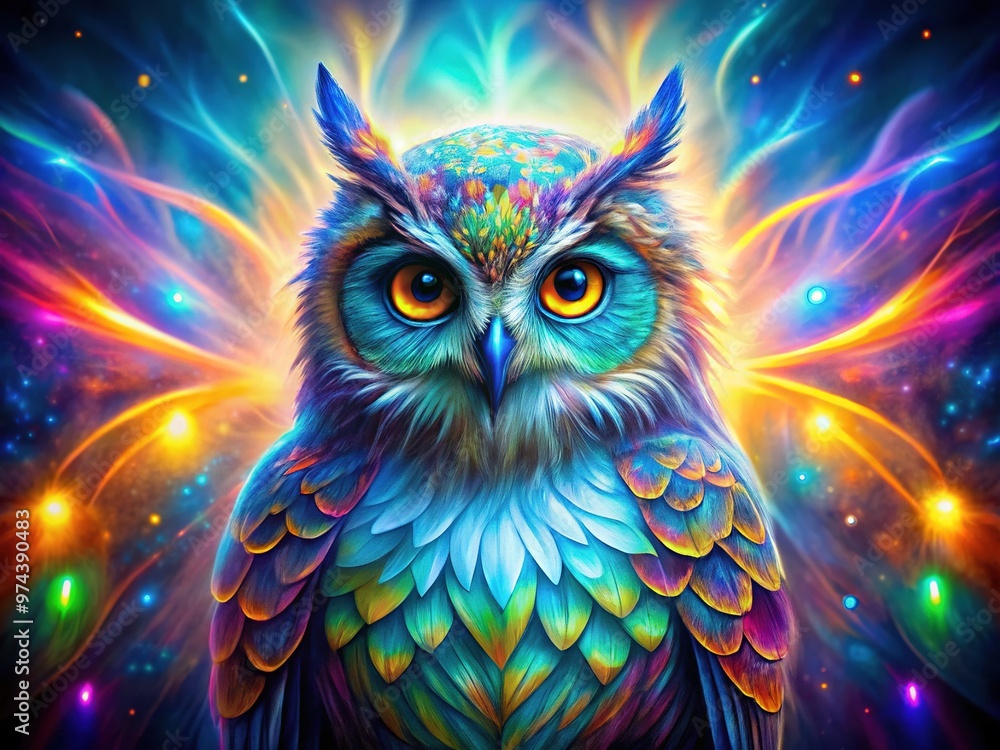 Surreal Photo Of A Vibrant Owl With Iridescent Feathers, Emitting An Ethereal Glow Against A Kaleidoscopic Backdrop. Surreal Photo Of A Vibrant Owl With Iridescent Feathers, Emitting An Ethereal Glow Against A Kaleidoscopic Backdrop.