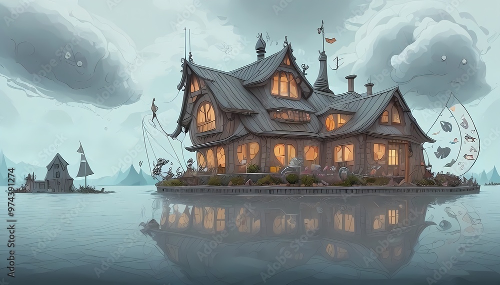 Obraz premium Illustration of creepy boat house on the water