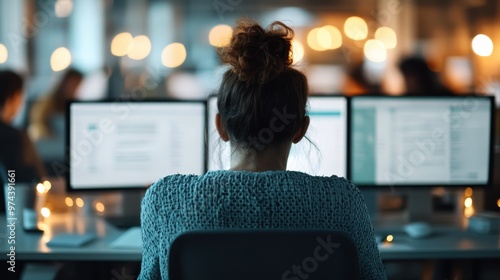 An individual focused on their work at a computer station, their back turned to the camera, in a modern, well-lit office space, creating a productive and engaging environment. photo