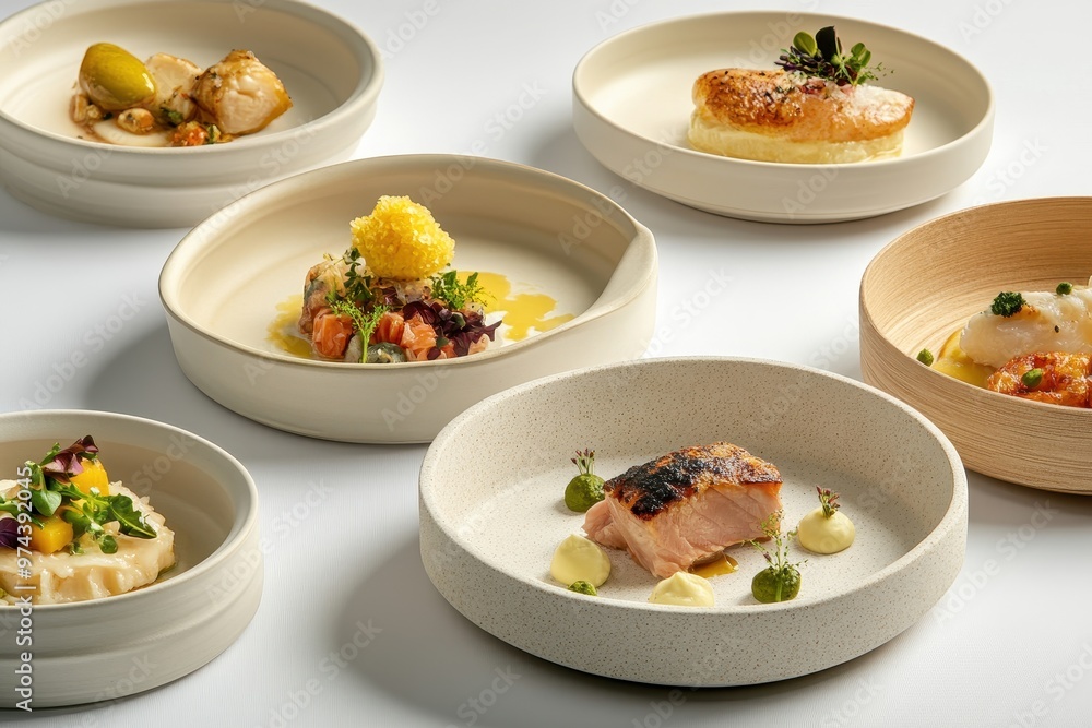 A variety of elegantly presented gourmet dishes on minimalist plates. A variety of elegantly presented gourmet dishes on minimalist plates.