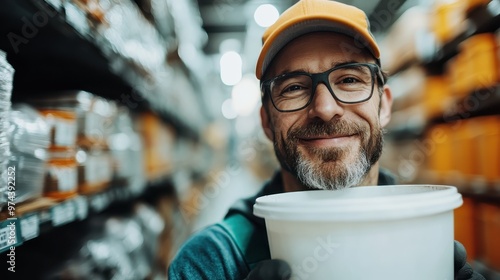 A cheerful man with a sports cap and glasses grips a container while standing in a brightly lit store aisle, conveying friendliness and expertise in his role. photo