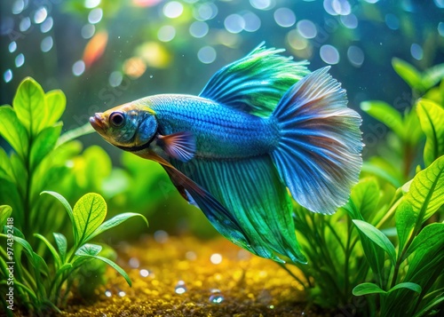 Vibrant blue-green betta fish swims peacefully amidst lush green aquatic plants and transparent water bubbles in a serene, well-lit aquarium environment. photo