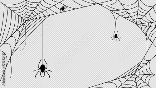 Spooky halloween background with spider web or torn cobweb and black spider silhouette pattern for horror night banner decoration. Zombie or evil night party and scary holiday celebration retro poster