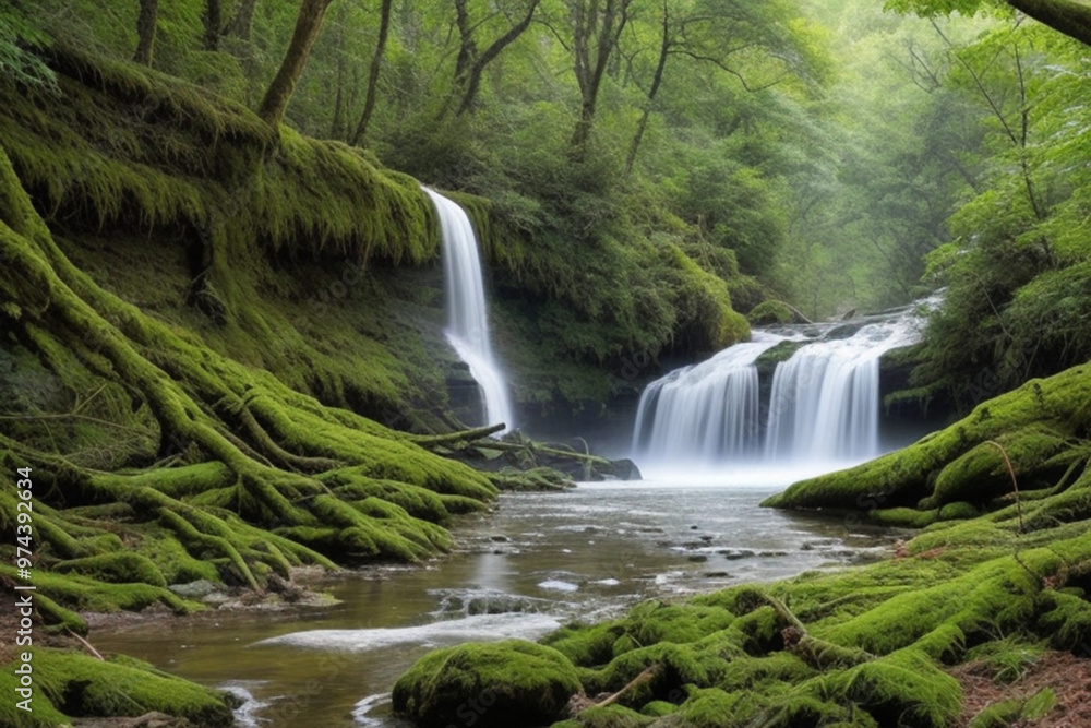 Fototapeta premium Waterfalls in forest. Fresh waterfalls in deep forest