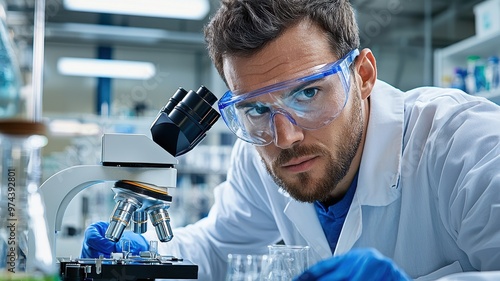 Industrial Technician Ensuring Precision in Quality Control by Analyzing Product Samples Under Microscope with Safety Goggles