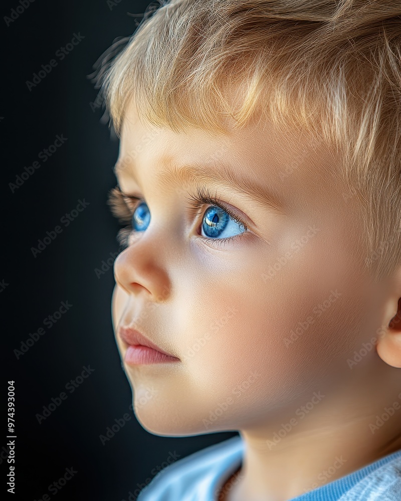 A close-up portrait of an innocent child with striking blue eyes, showcasing curiosity and wonder against a dark background.