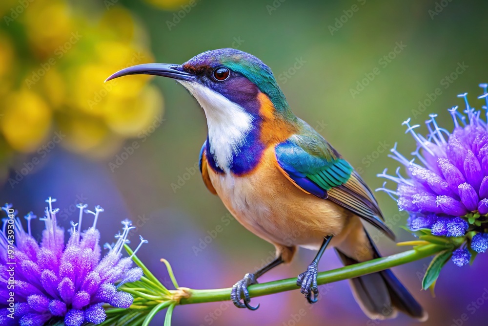 Vibrant Eastern Spinebill Honeyeater perches on delicate branch, iridescent blue-green feathers glistening in morning light, long slender beak sips nectar from nearby blooming purple flowers. Vibrant Eastern Spinebill Honeyeater perches on delicate branch, iridescent blue-green feathers glistening in morning light, long slender beak sips nectar from nearby blooming purple flowers.