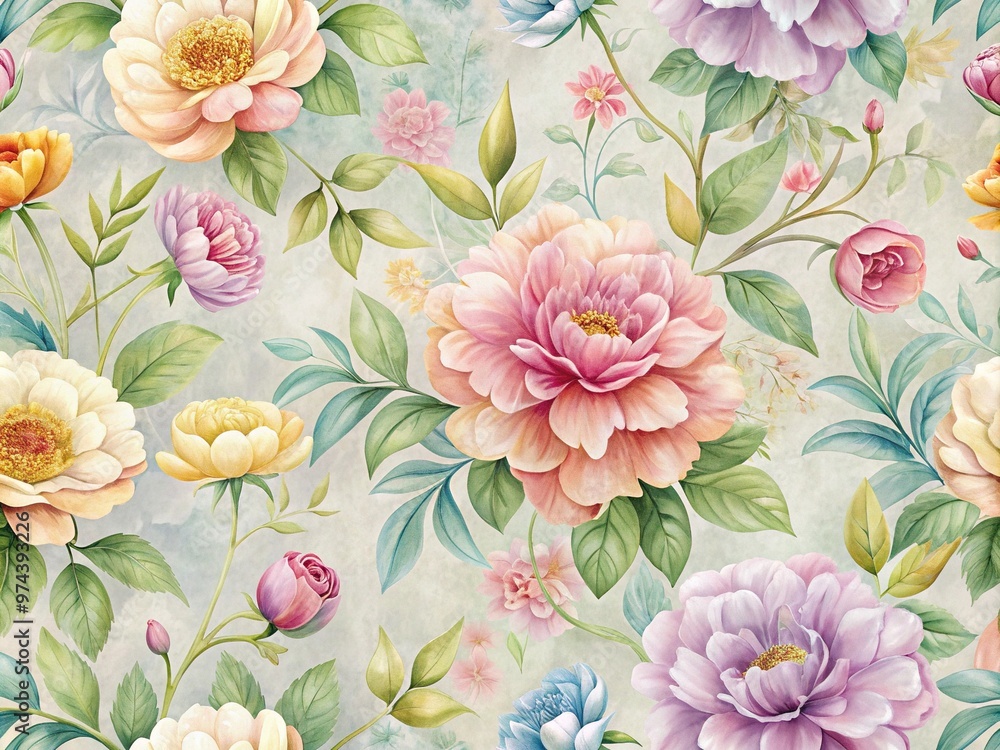 Vibrant floral pattern with delicate petals and leaves in soft pastel hues on a subtle textured background, perfect for adding elegance to any room. Vibrant floral pattern with delicate petals and leaves in soft pastel hues on a subtle textured background, perfect for adding elegance to any room.