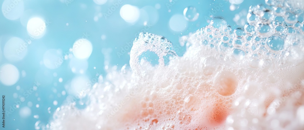 Frame with foam made of soap, shampoo, lotion, detergent on blue blurred backdrop. Macro photo of bubbles in water. Banner for laundry and cleaning services, spa, beauty and skin care concept Frame with foam made of soap, shampoo, lotion, detergent on blue blurred backdrop. Macro photo of bubbles in water. Banner for laundry and cleaning services, spa, beauty and skin care concept