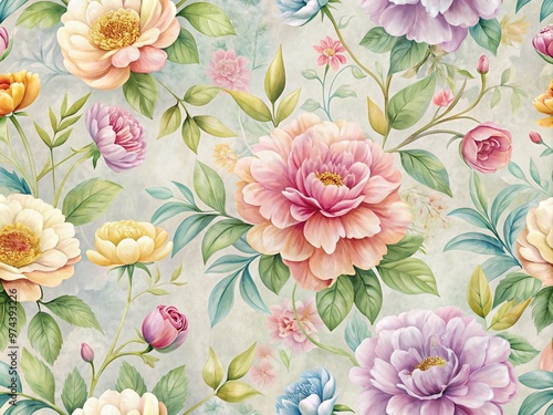 Vibrant floral pattern with delicate petals and leaves in soft pastel hues on a subtle textured background, perfect for adding elegance to any room.