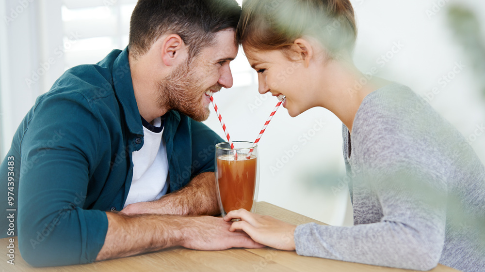 Love, milkshake and holding hands with couple on date for romance, bonding and cafe. Smoothie, coffee shop and care with man and woman sharing drink at restaurant for summer, break and relationship Love, milkshake and holding hands with couple on date for romance, bonding and cafe. Smoothie, coffee shop and care with man and woman sharing drink at restaurant for summer, break and relationship