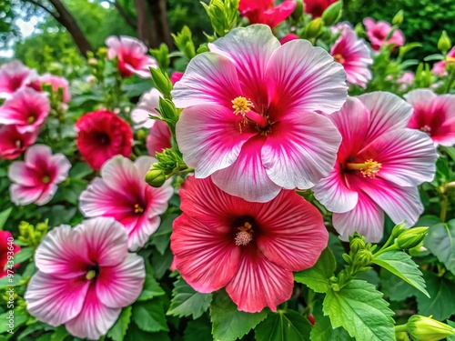 Vibrant Hardy Hibiscus Blooms In Shades Of Pink, Red, And White Against A Backdrop Of Lush Green Foliage