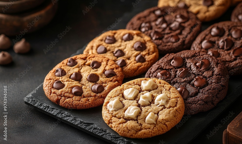 Freshly Baked Chocolate Chip Cookies Displayed on a Dark Slate Platter in a Cozy Kitchen Setting Freshly Baked Chocolate Chip Cookies Displayed on a Dark Slate Platter in a Cozy Kitchen Setting