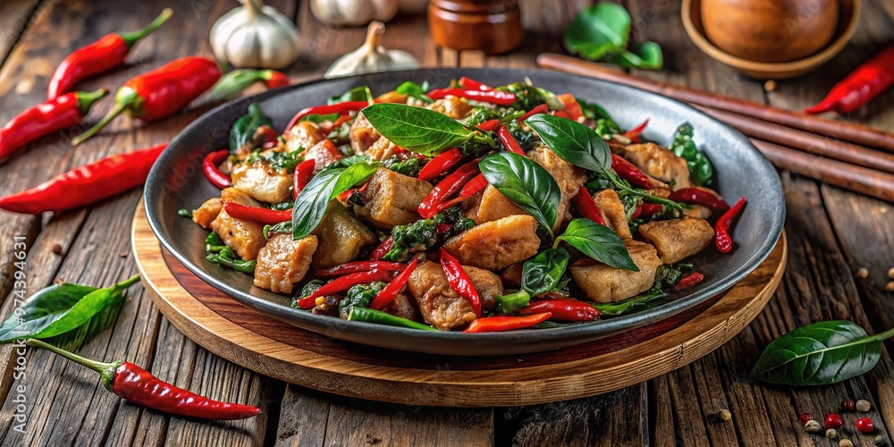 Vibrant, spicy stir-fry dish with crispy basil leaves, juicy chicken, and chilies, served steaming hot on a rustic wooden table, surrounded by fresh ingredients. Vibrant, spicy stir-fry dish with crispy basil leaves, juicy chicken, and chilies, served steaming hot on a rustic wooden table, surrounded by fresh ingredients.