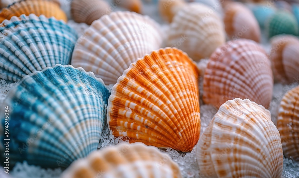 Colorful Shells Arranged Beautifully on a Bed of Ice at a Coastal Market During Daytime Colorful Shells Arranged Beautifully on a Bed of Ice at a Coastal Market During Daytime