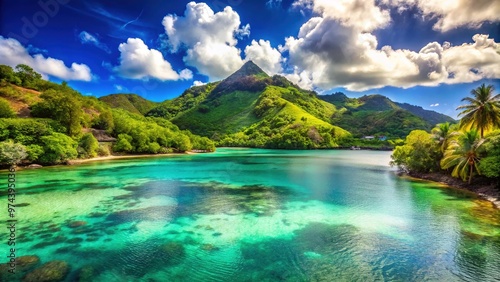 Vibrant turquoise waters of Owia Salt Pond, surrounded by lush green hills and tropical vegetation, shimmering under the warm sunlight in St Vincent and the Grenadines. photo