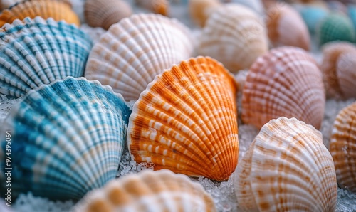 Colorful Shells Arranged Beautifully on a Bed of Ice at a Coastal Market During Daytime