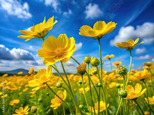 Vibrant yellow Tepelene flowers bloom in lush green meadows, their delicate petals swaying gently in the breeze against a serene blue sky background. photo