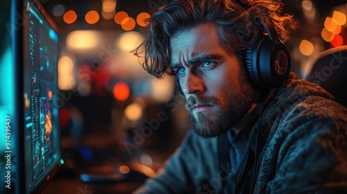 Focused Gamer with Headphones Playing a Video Game