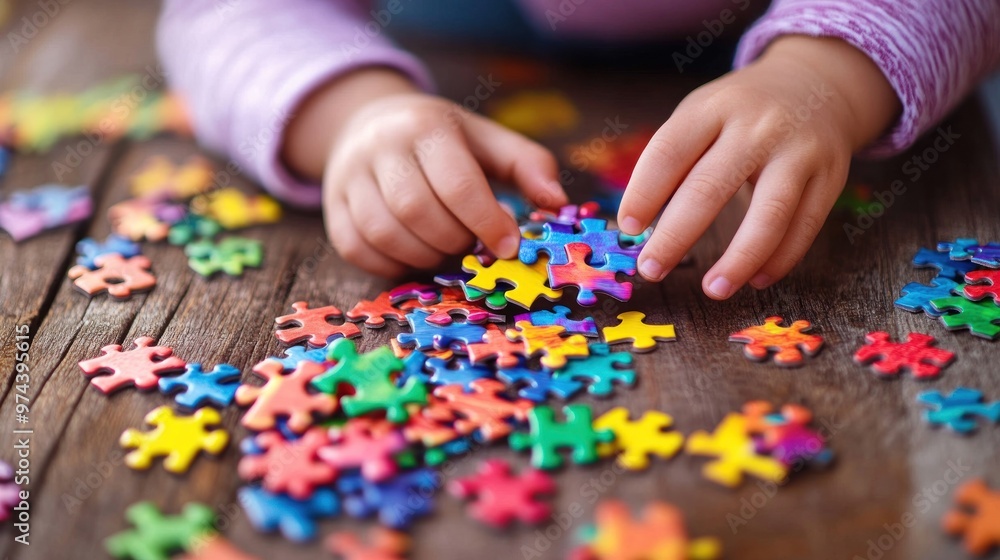 Child's Hands Putting Together a Colorful Jigsaw Puzzle Child's Hands Putting Together a Colorful Jigsaw Puzzle