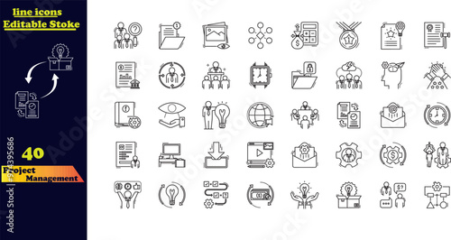 Editable stroke icon collection for project management, featuring icons for time management and planning. This set includes customizable outline icons for effective project organization.