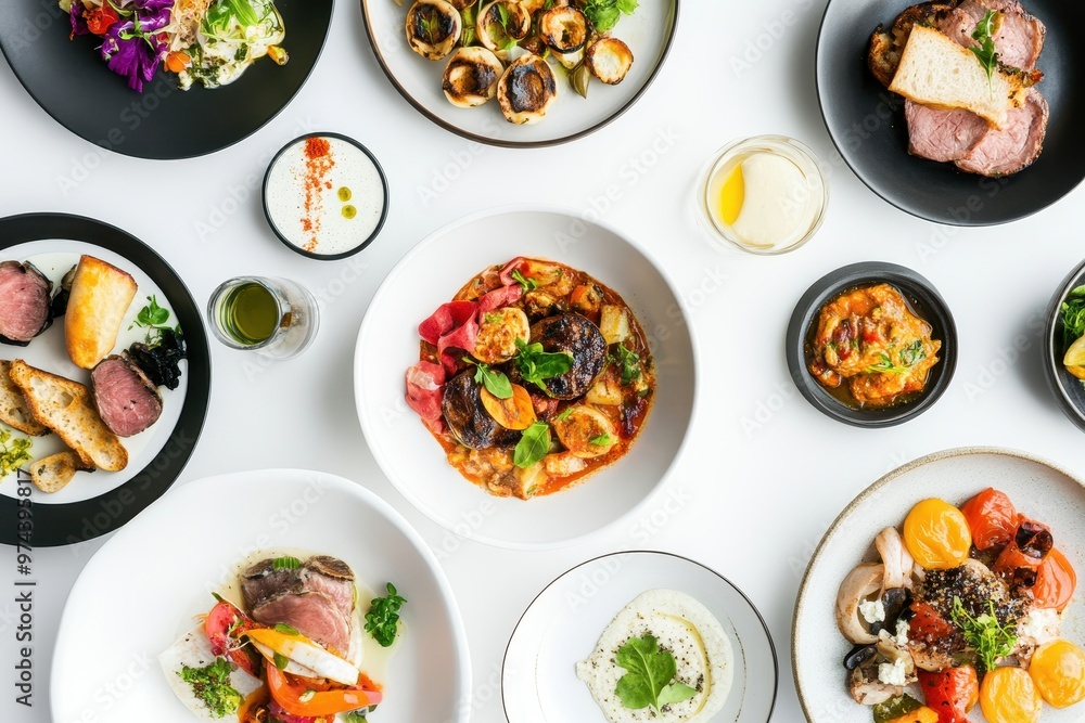 A vibrant assortment of gourmet dishes arranged for a visually appealing dining experience. A vibrant assortment of gourmet dishes arranged for a visually appealing dining experience.