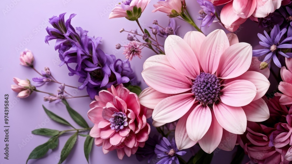 An image of a composition of pink and purple flowers on a pastel background. An image of a composition of pink and purple flowers on a pastel background.