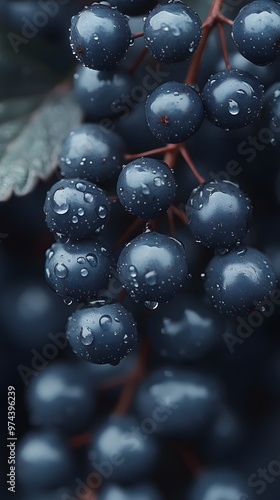 Close up of Fresh Blueberries with Dew Drops