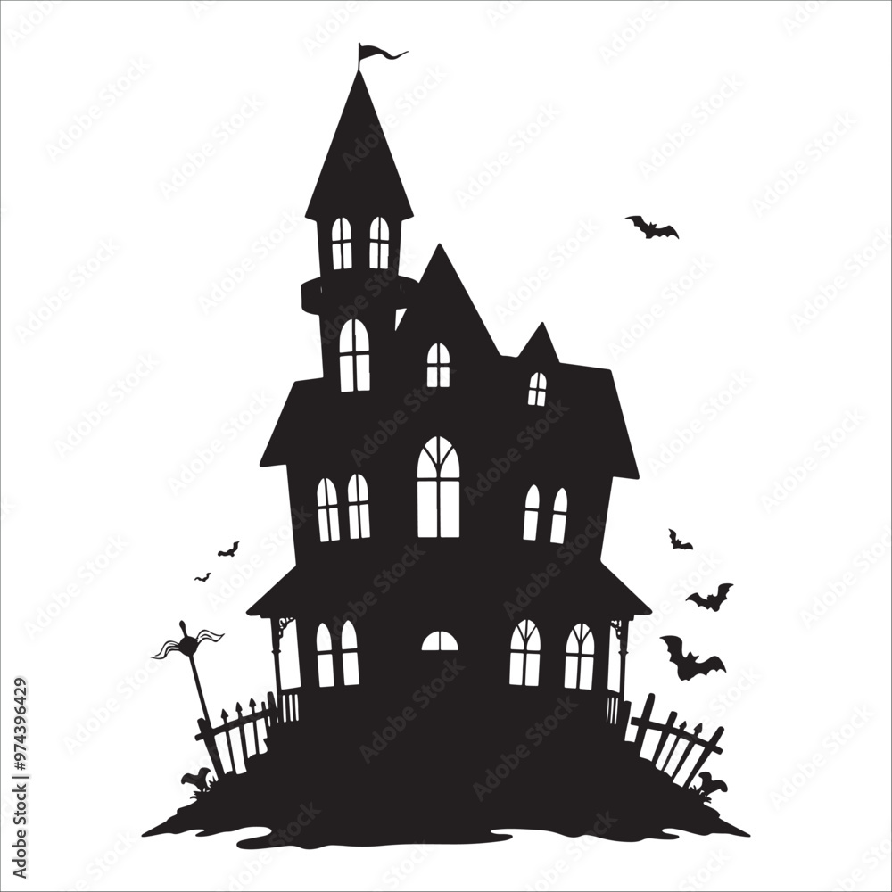 Halloween haunted house, vector illustration. Black silhouette on white background. Halloween haunted house, vector illustration. Black silhouette on white background.