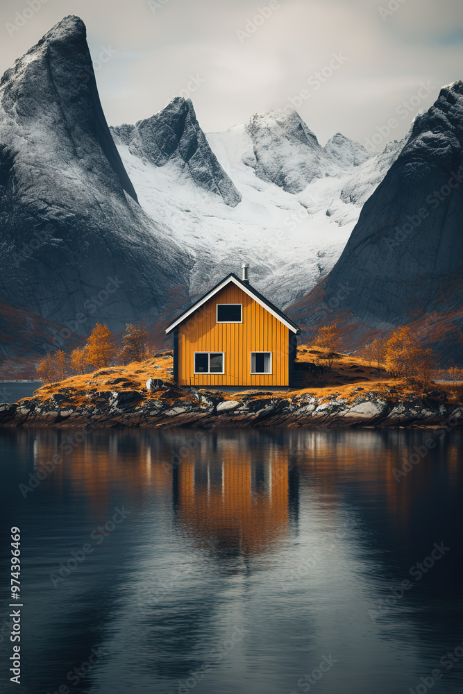 Fototapeta premium A yellow cabin sitting on the shore with mountains