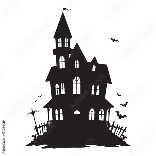 Halloween haunted house, vector illustration. Black silhouette on white background.