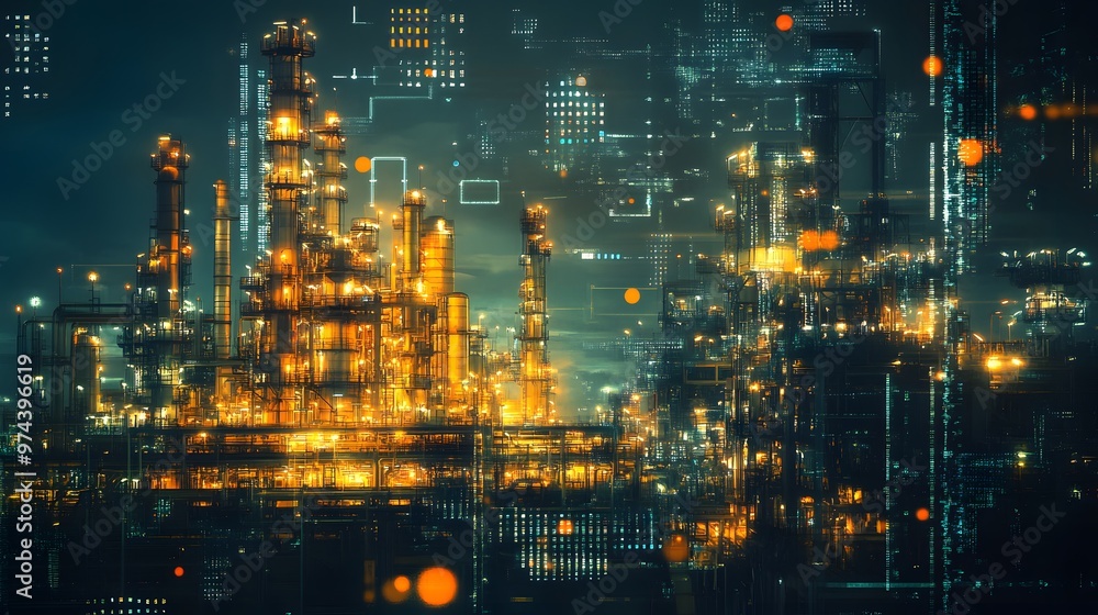 Fototapeta premium Industrial Night Cityscape with Digital Overlay