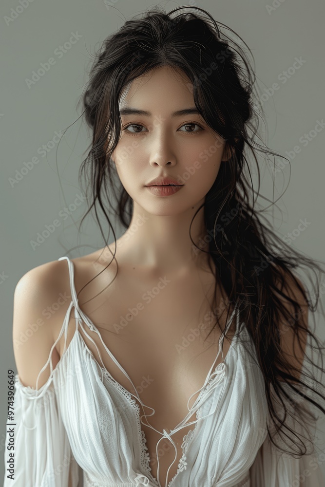 Young Asian beauty woman in white dress with long black hair and perfect skin on light beige background Young Asian beauty woman in white dress with long black hair and perfect skin on light beige background