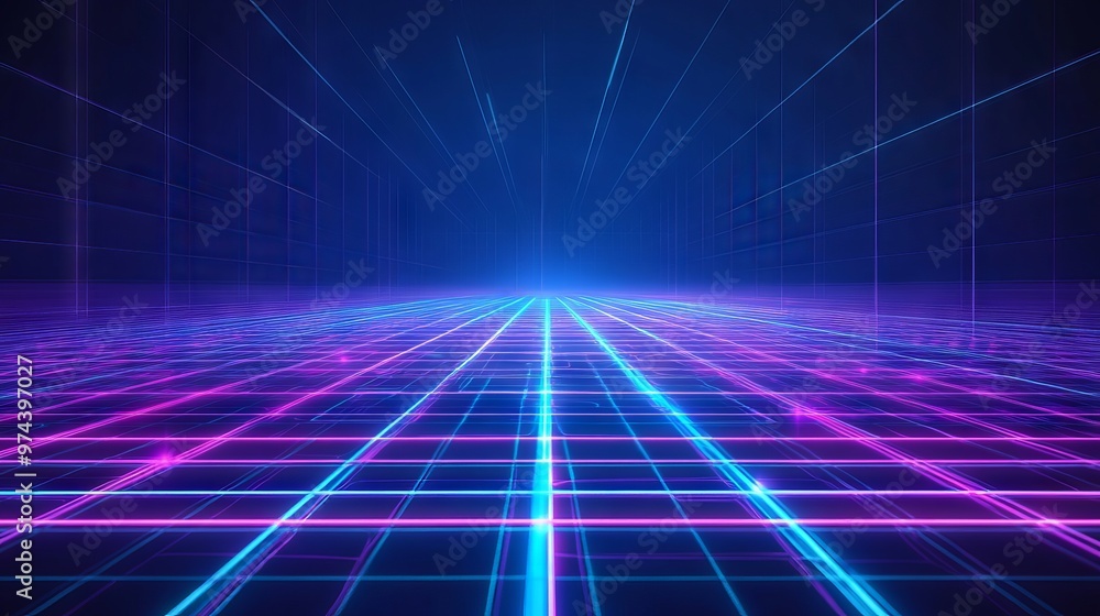 Cyan blue and purple grids neon glow light lines design on perspective floor, creativity, digital, internet, cyberpunk, virtual reality concept, hi-tech abstract backgroud. Cyan blue and purple grids neon glow light lines design on perspective floor, creativity, digital, internet, cyberpunk, virtual reality concept, hi-tech abstract backgroud.