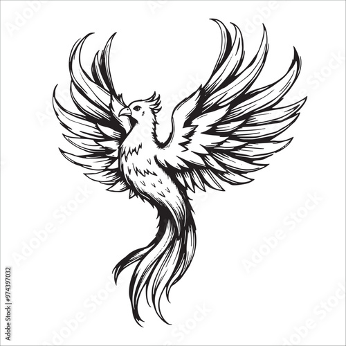 Phoenix tattoo black and white vector illustration isolated on white background.