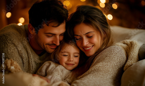 Cozy family scene with parents and children relaxing on a sofa, wrapped in warm blankets under soft lighting, embracing comfort and togetherness.