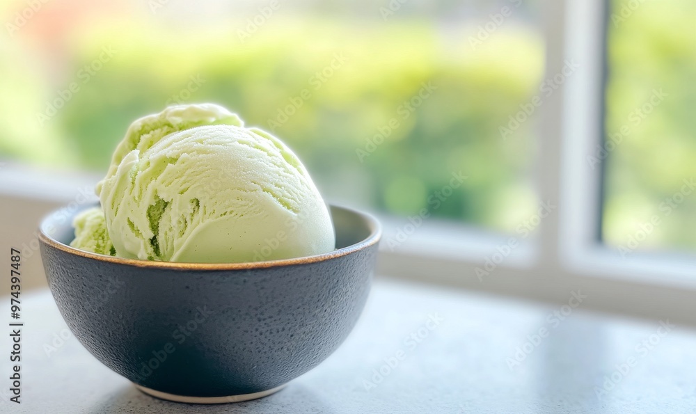 Creamy Green Ice Cream Served in a Dark Bowl on a Sunny Day by the Window Creamy Green Ice Cream Served in a Dark Bowl on a Sunny Day by the Window