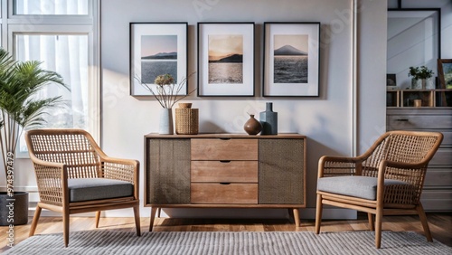 Armchair near wooden wicker dresser against wall with three frames. Scandinavian interior design of modern living room.
