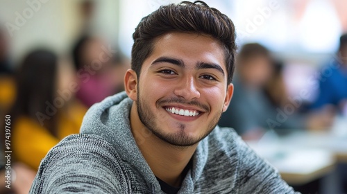 university classroom setting with latino student, smiling in bright learning environment, cheerful academic focus on study photo