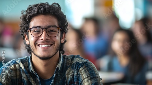 cheerful latino student in bright classroom, academic setting for college education, young scholar in a positive study atmosphere photo