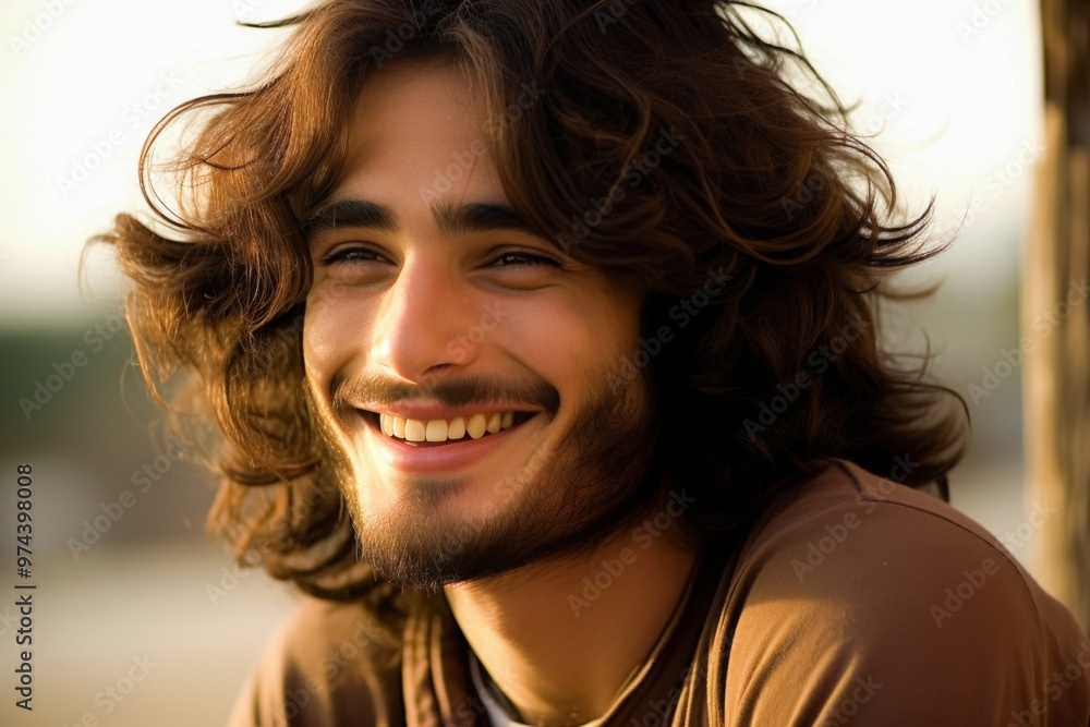 A man with long hair and a beard is smiling and looking at the camera A man with long hair and a beard is smiling and looking at the camera