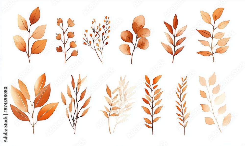 Autumn-inspired botanical illustrations featuring various leaves in warm, earthy tones Autumn-inspired botanical illustrations featuring various leaves in warm, earthy tones