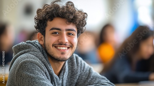 bright classroom scene with latino student smiling, university lecture room setting, cheerful learning environment and academic focus photo