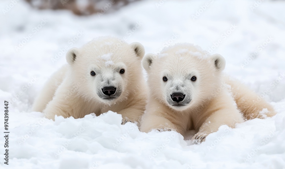 Two Playful Polar Bear Cubs Resting Together in a Snowy Landscape During Wintertime Two Playful Polar Bear Cubs Resting Together in a Snowy Landscape During Wintertime