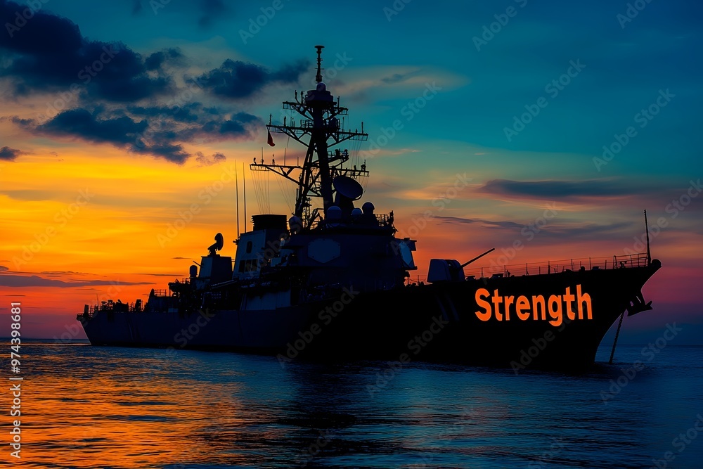 Silhouetted Navy Ship at Vibrant Sunset with Powerful Strength Text Silhouetted Navy Ship at Vibrant Sunset with Powerful Strength Text