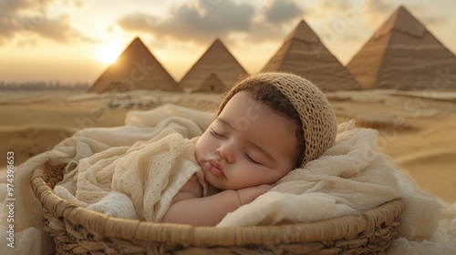 tranquil setting with infant Moses in a basket, resting in the shadow of Egyptian pyramids, embodying a divine moment in ancient Egypt photo