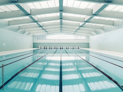 An Empty Olympic Sized Swimming Pool in a Modern Sports Facility Awaiting the Next Competition photo