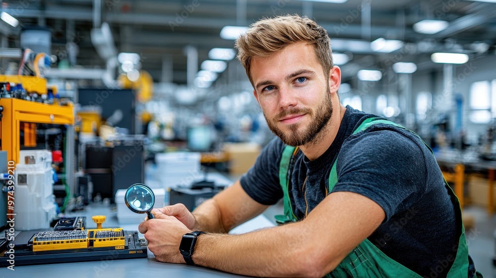 Quality Control Inspector Reviewing Product Defects with Magnifying Glass in Laboratory Setting Quality Control Inspector Reviewing Product Defects with Magnifying Glass in Laboratory Setting