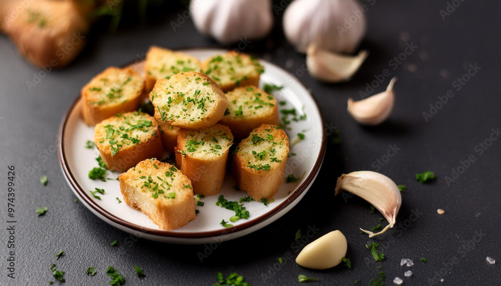 Herbed garlic and parmesan croutons on plate. Tasty healthy snack, food. Culinary and cooking concept Herbed garlic and parmesan croutons on plate. Tasty healthy snack, food. Culinary and cooking concept